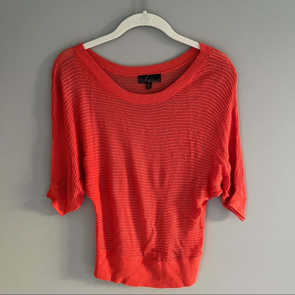 Orange Crochet Knit Dolman Short Sleeve Sweater